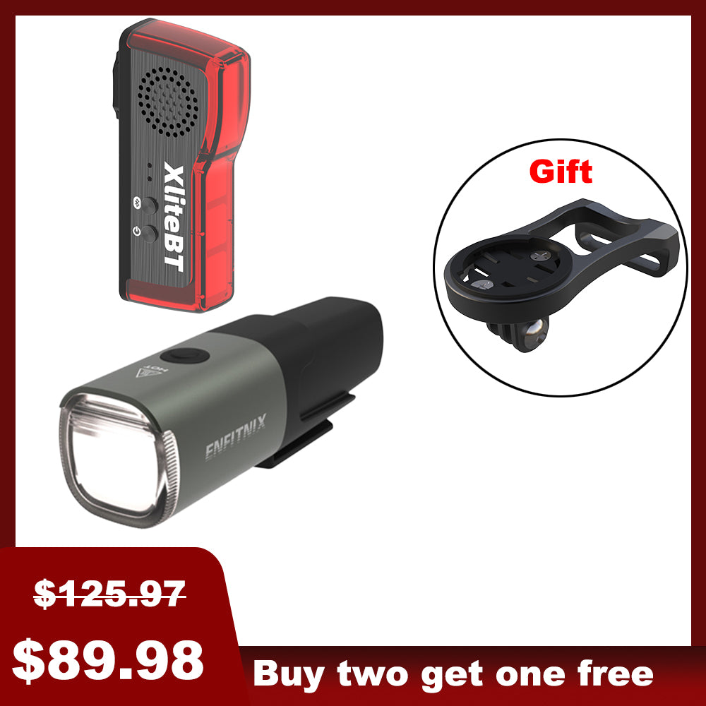 A set of Navi500 Smart Front Light and Tail Light for bicycles, displayed with a free bike computer mount as a gift, with price tags indicating a discount and a promotional offer.
