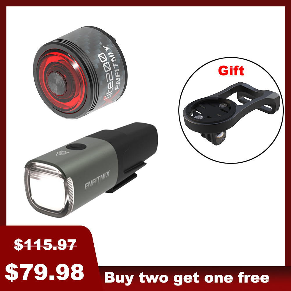 A set of Navi500 Smart Front Light and Tail Light for bicycles, displayed with a free bike computer mount as a gift, with price tags indicating a discount and a promotional offer.