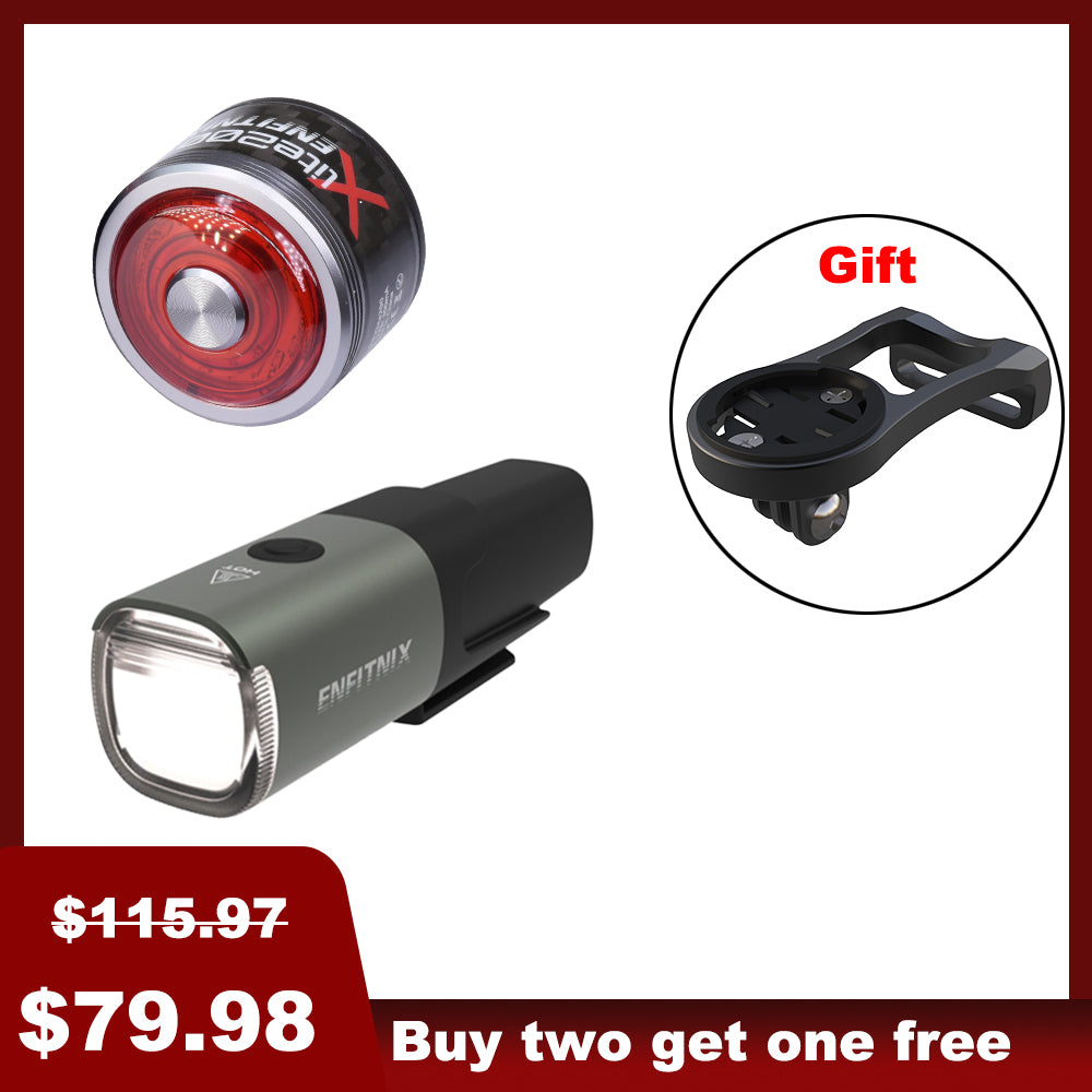 A set of Navi500 Smart Front Light and Tail Light for bicycles, displayed with a free bike computer mount as a gift, with price tags indicating a discount and a promotional offer.