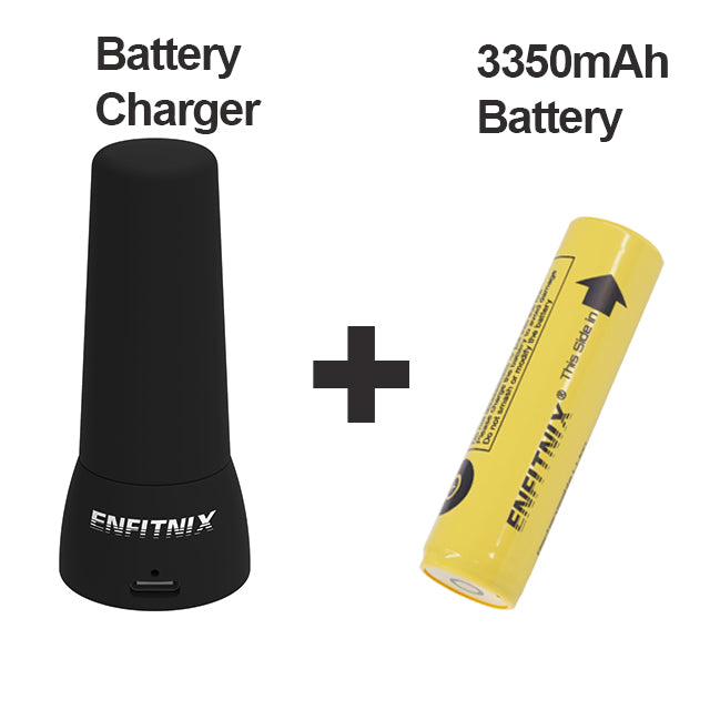 Black battery charger and yellow battery with ENFITNIX branding on a white background