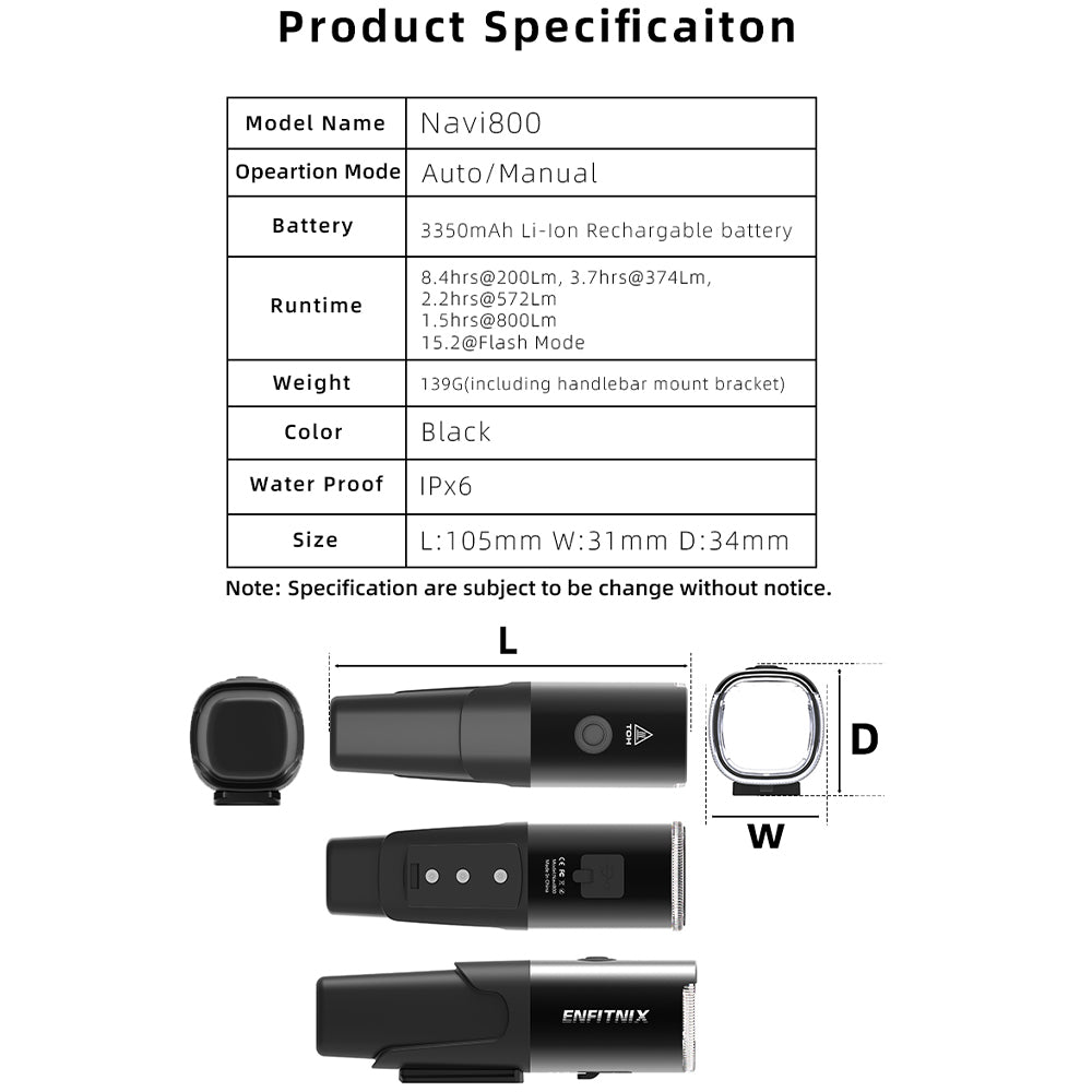 Product specification table for Navi800 camera with details on model name, operation mode, battery, runtime, weight, color, waterproof rating, size, and a diagram of the camera.