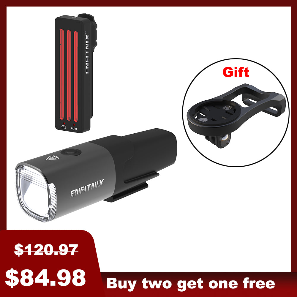 A set of Navi800 Smart Front Light and XlitET2 Tail Light for bicycles, displayed with price tags and indicating a gift included.