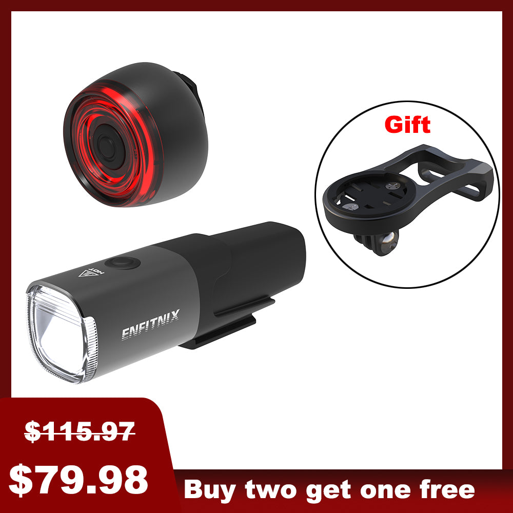 A set of Navi800 Smart Front Light and XliteSE Tail Light for bicycles, displayed with price tags and indicating a gift included.