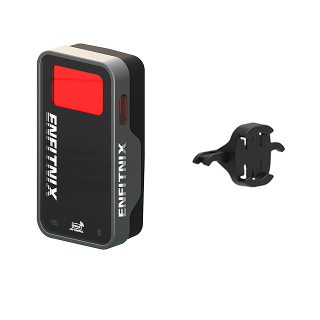 Black electronic device with red screen and car mount on a white background