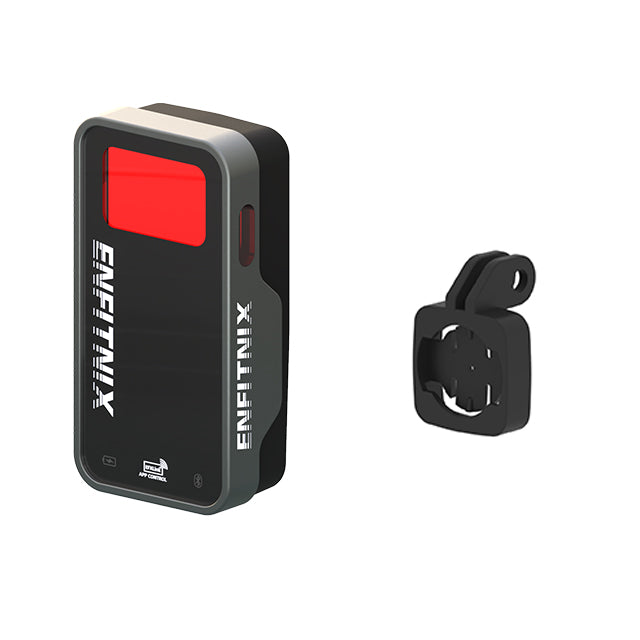 Black electronic device with red screen and Enfitnix branding on a white background