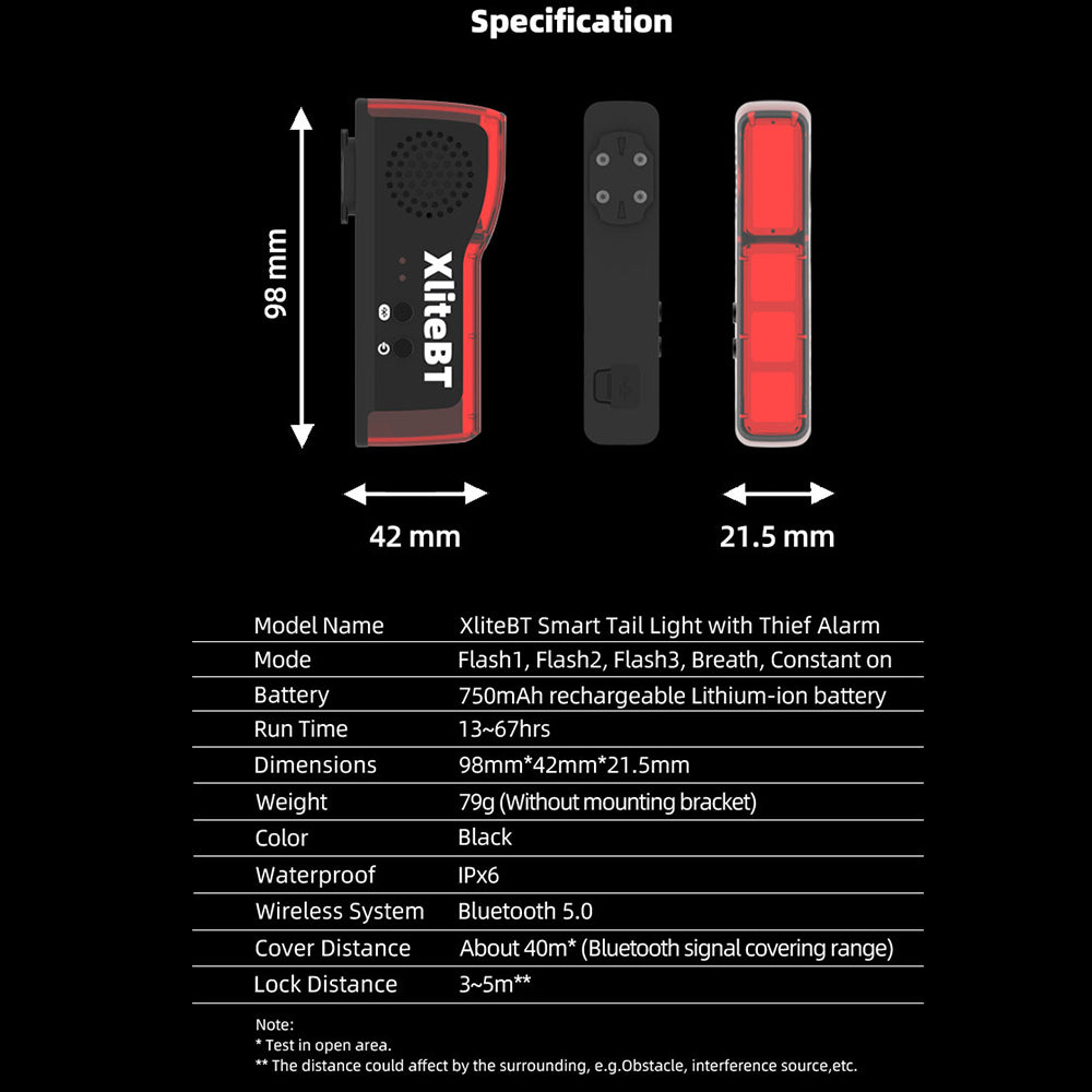 XliteBT smart tail light with dimensions and specifications on a black background