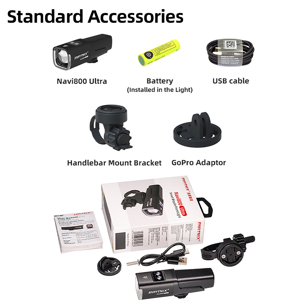 List of standard accessories including Navi800 Ultra, battery, USB cable, handlebar mount bracket, and GoPro adaptor on a white background.