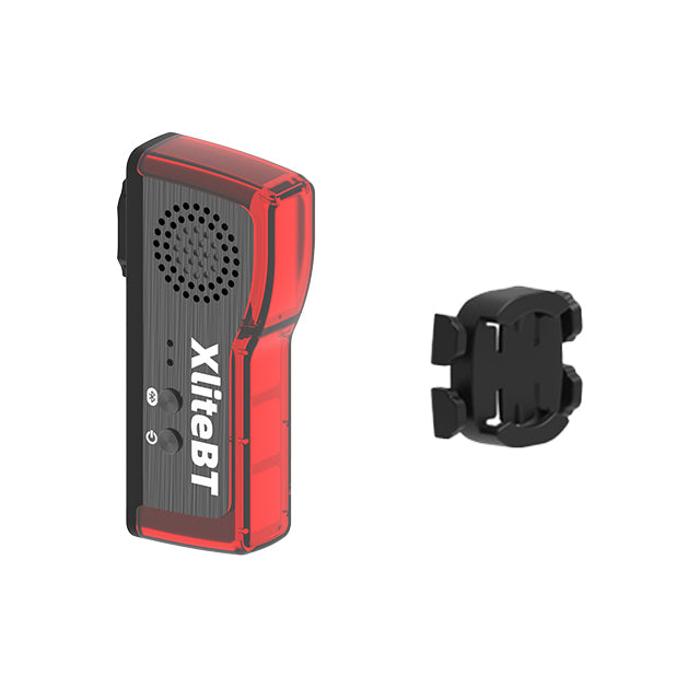 Red and black electronic device with 'XliteBT' branding and a black mounting bracket on a white background.