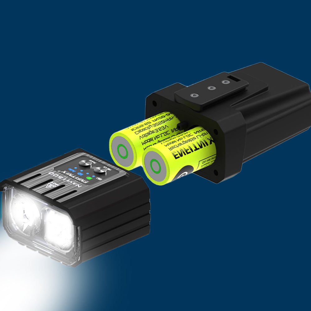 Black flashlight with two yellow batteries on a blue gradient background