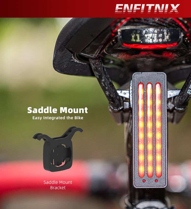 Bicycle tail light with saddle mount bracket on a blurred background, featuring the ENFITNIX brand.