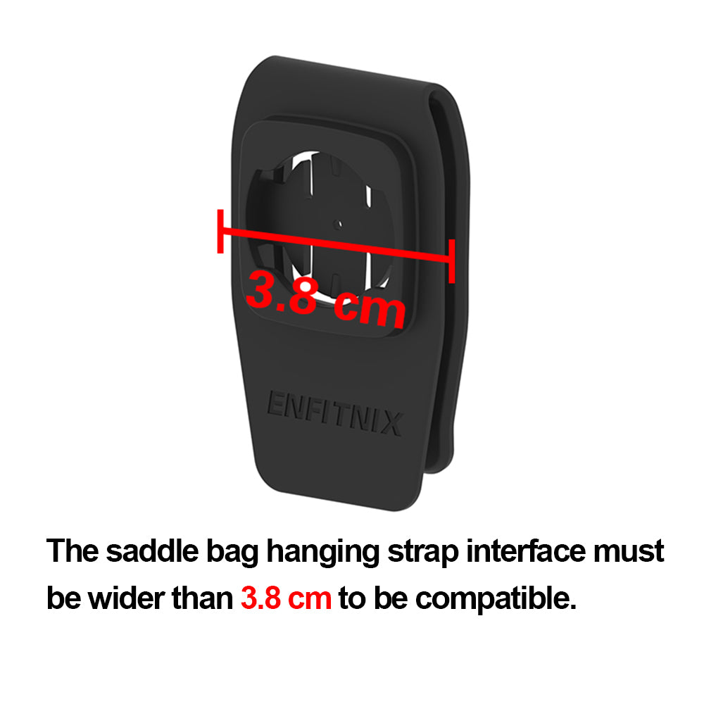 Black saddle bag hanging strap with measurement label on a white background