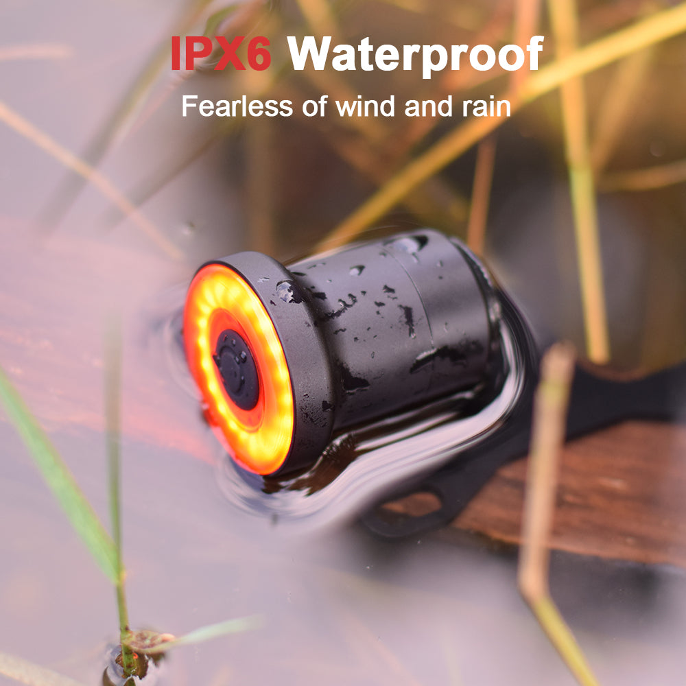 Waterproof skateboard light with IPX6 rating on a blurred natural background