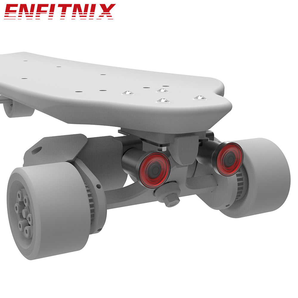 Gray electric skateboard with red wheels on a white background, featuring the ENFITNIX brand.