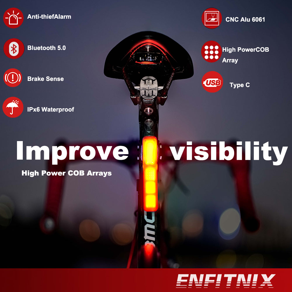 Bicycle tail light with features listed on a dark background, featuring the brand 'ENFITNIX'.