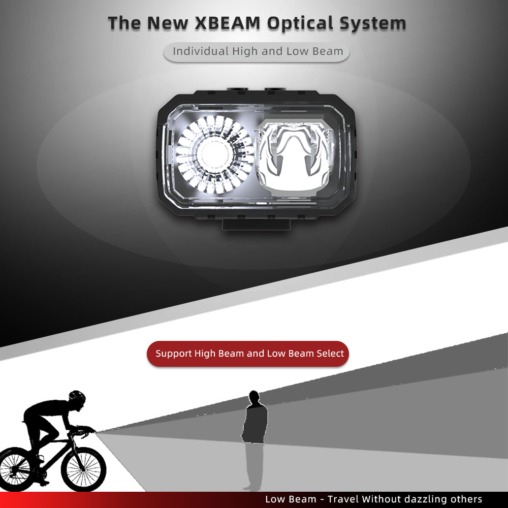Bicycle headlight with XBEAM optical system on a dark background