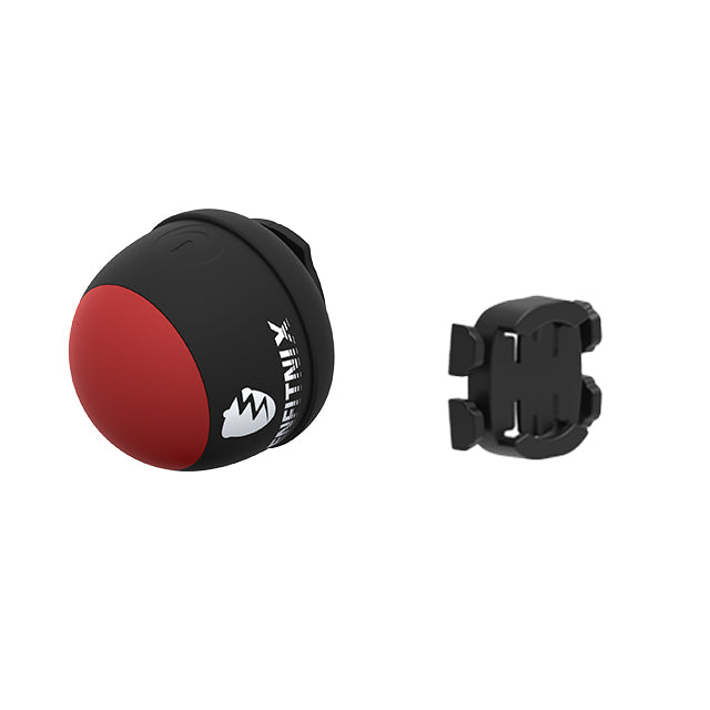 Black and red device with a separate black clip on a white background