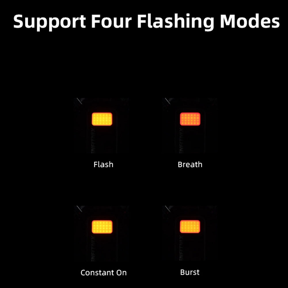 Four LED lights with labels for different flashing modes on a black background.