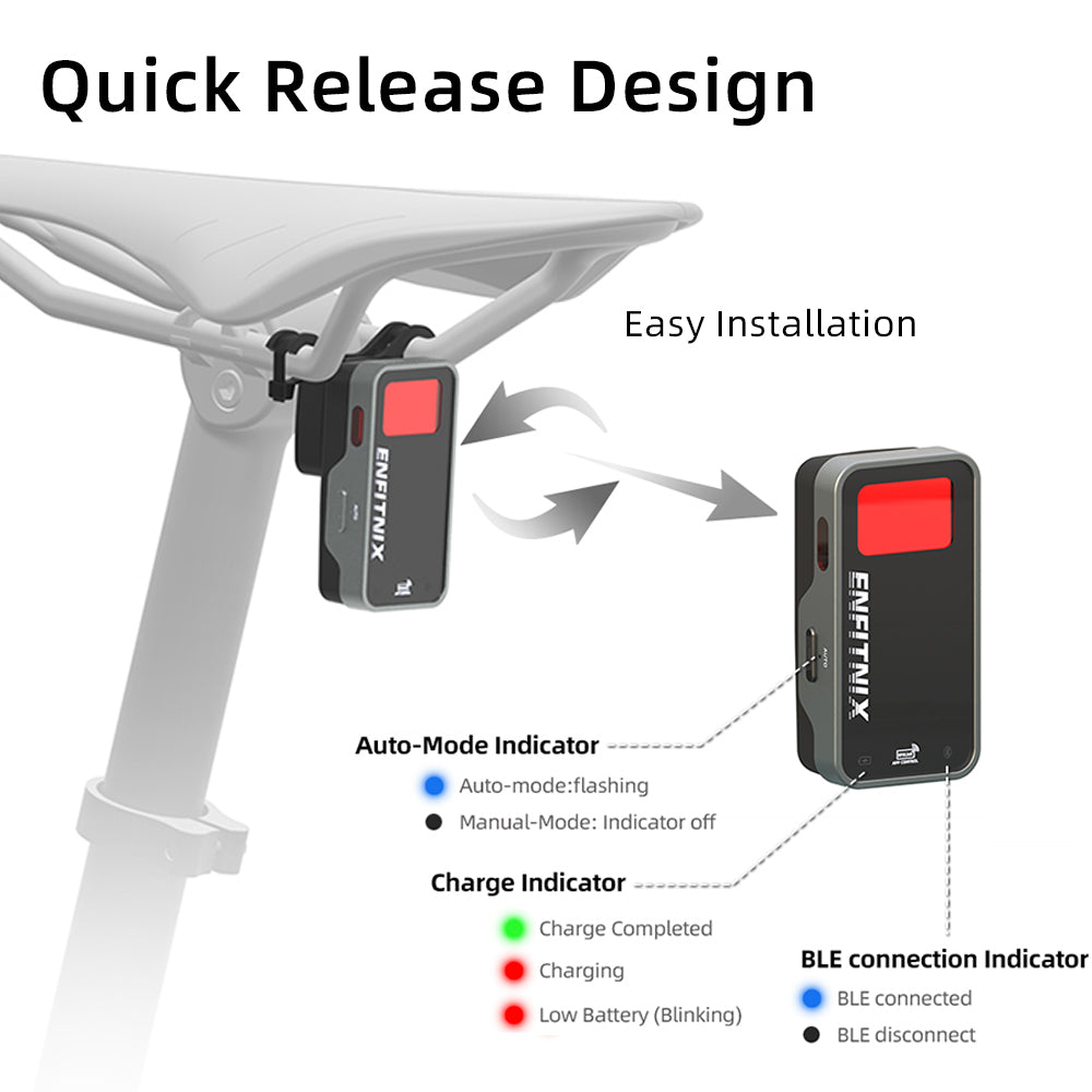 Bicycle light with quick release design and indicator lights on a white background