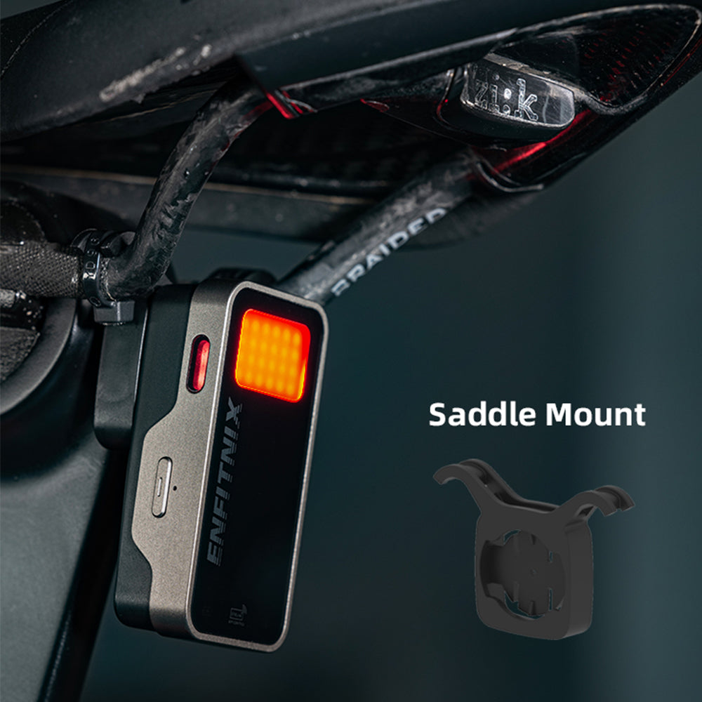 Enfinitix saddle mount with LED light attached to a motorcycle, showing 'Saddle Mount' text.
