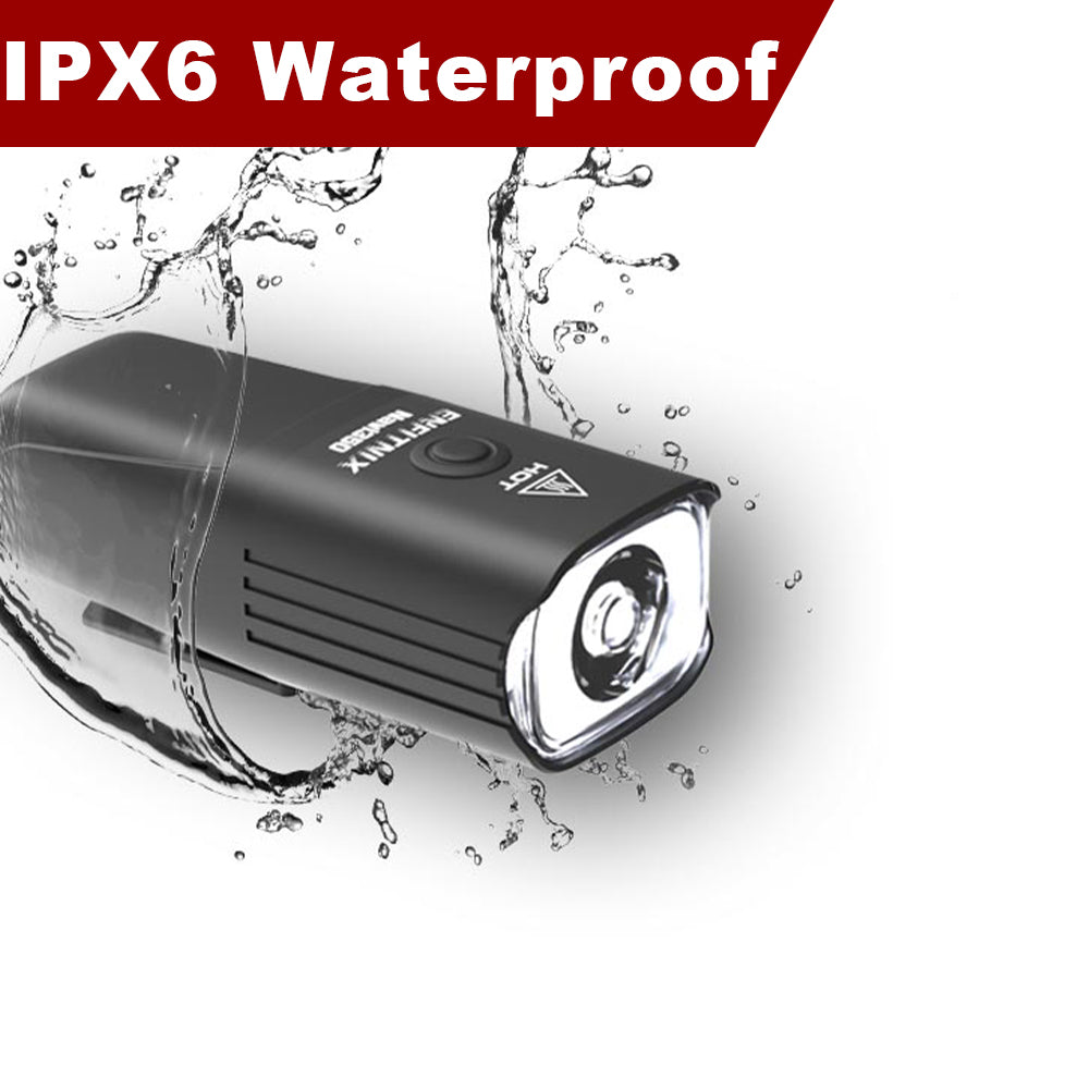 Black flashlight with water splashes and 'IPX6 Waterproof' text on a white background