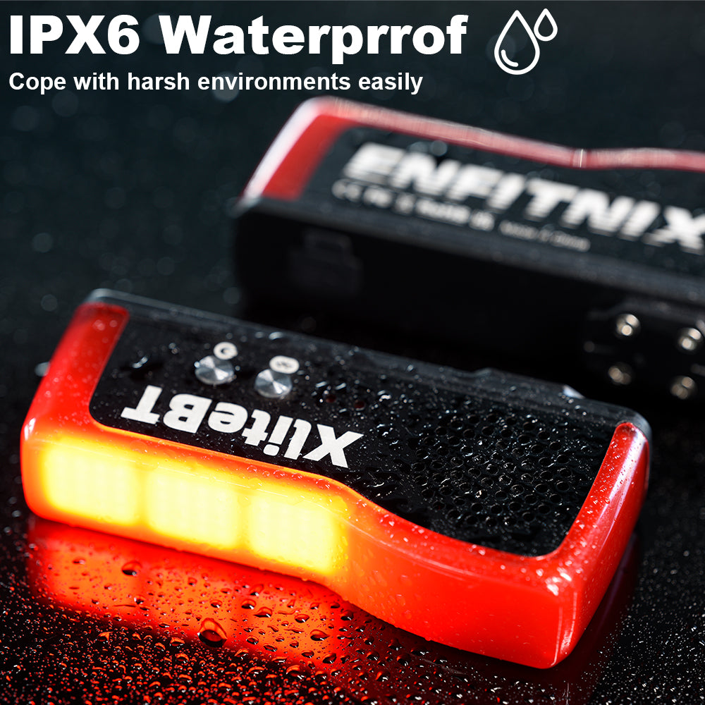 Red and black bike light with 'Xlight' branding, showing IPX6 water resistance on a dark background.