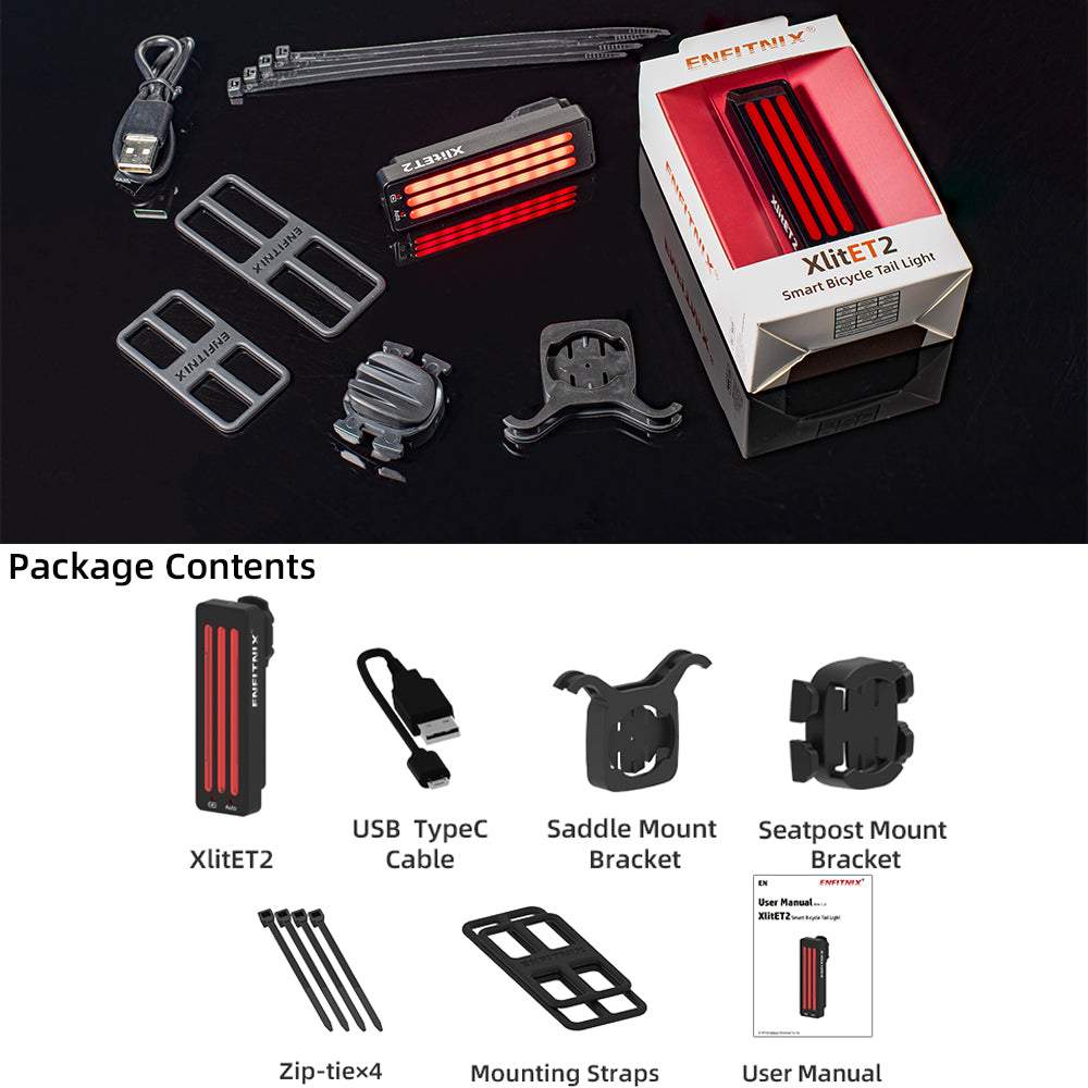 Package contents of XliteT2 smart bicycle tail light with accessories on a black background.