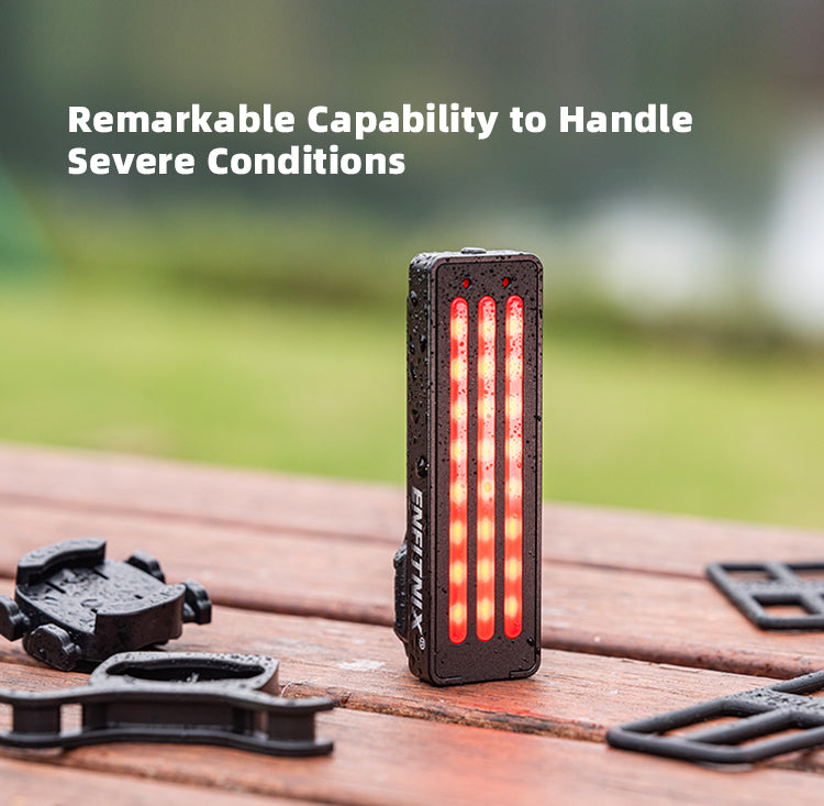 Bicycle light with mounting hardware on a wooden surface, text 'Remarkable Capability to Handle Severe Conditions'.